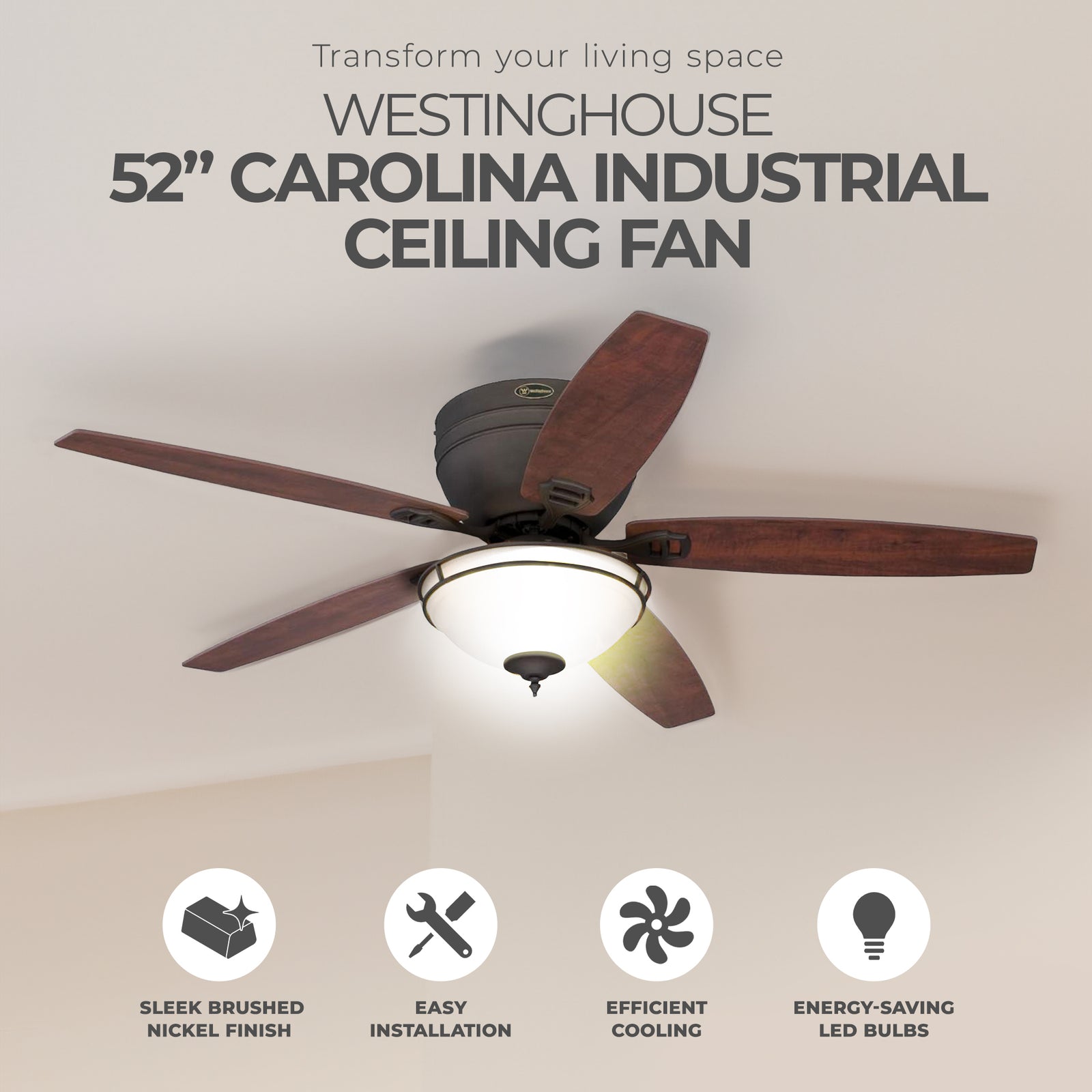 Westinghouse Carolina Industrial Ceiling Fan LED Light Fixture, 52 Inch, Bronze - VMInnovations