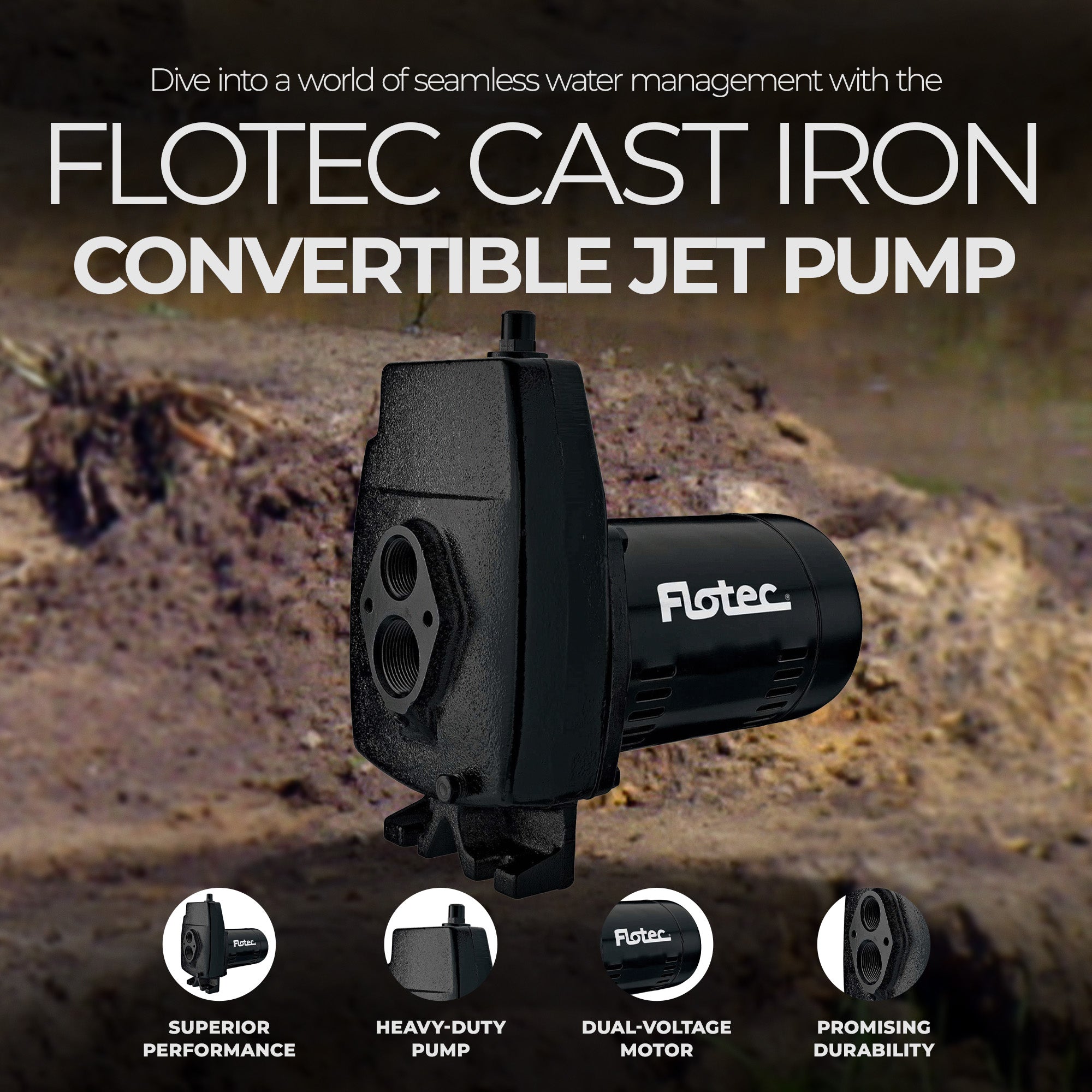 Flotec 1/2 HP Cast Iron Convertible Jet Pump Tackles Water Depths of Up To 100' - VMInnovations