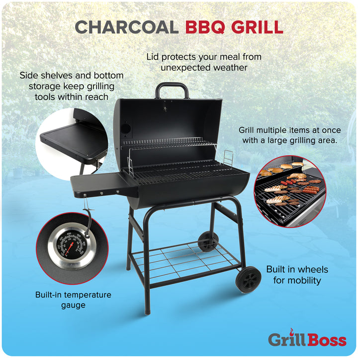 Grill Boss 30" Charcoal Barrel Grill, Adjustable Grate Large Cooking Area, Black