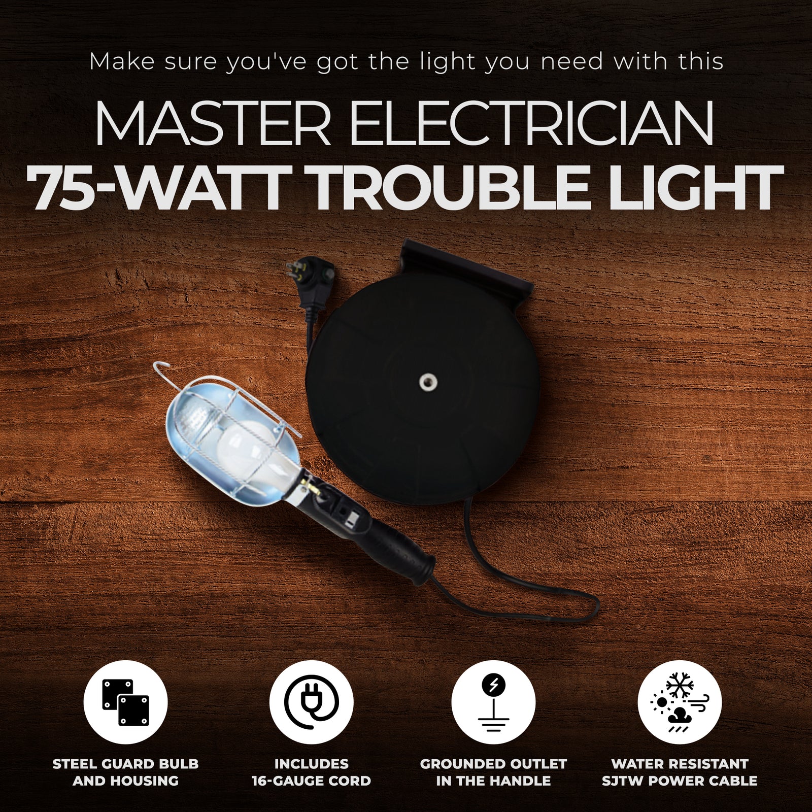 Master Electrician 75W Trouble Light w/ 40 Ft Extension Cord Reel, Housing Only - VMInnovations