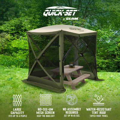 CLAM Quick-Set 6x6Ft Portable 4 Sided Canopy Shelter, Green/Tan (Open Box) - VMInnovations