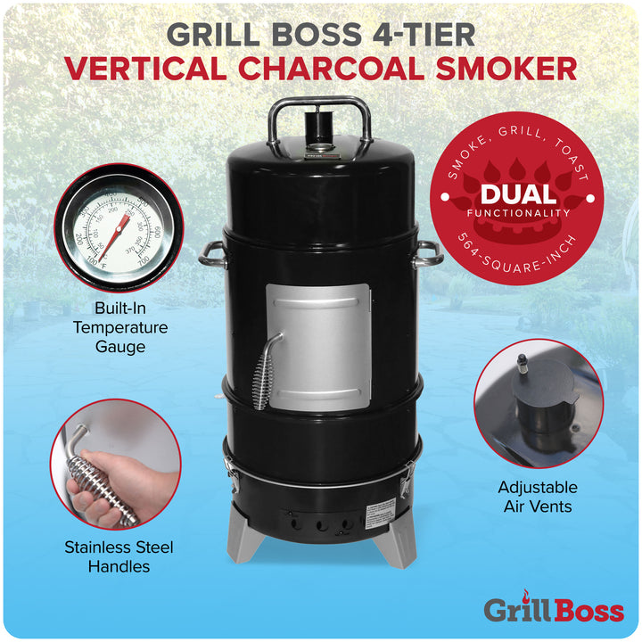Grill Boss Charcoal Smoker, 4 Tier, 564 Sq In Cooking Area, Black (For Parts)