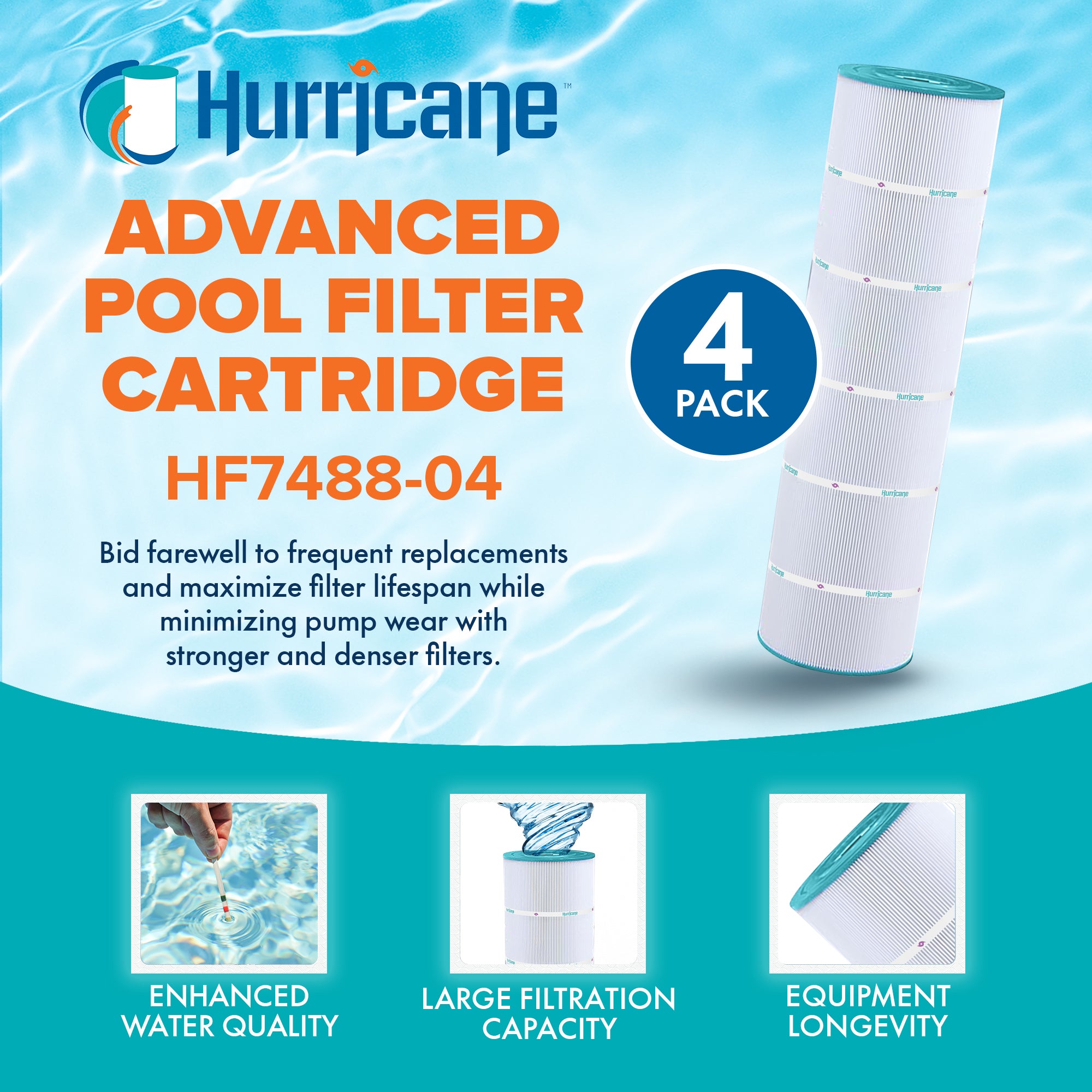 Hurricane 4 Pack HF7488-04 Advanced Pool and Spa Filter Cartridge Replacement