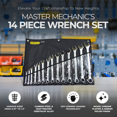 Master Mechanic 14 Piece Nickel Chrome Plated Finish SAE Combination Wrench Set - VMInnovations