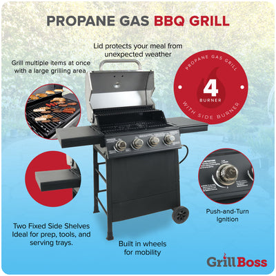 Grill Boss 4-Burner Outdoor Propane Gas Grill with Side Shelves & Wheels, Black