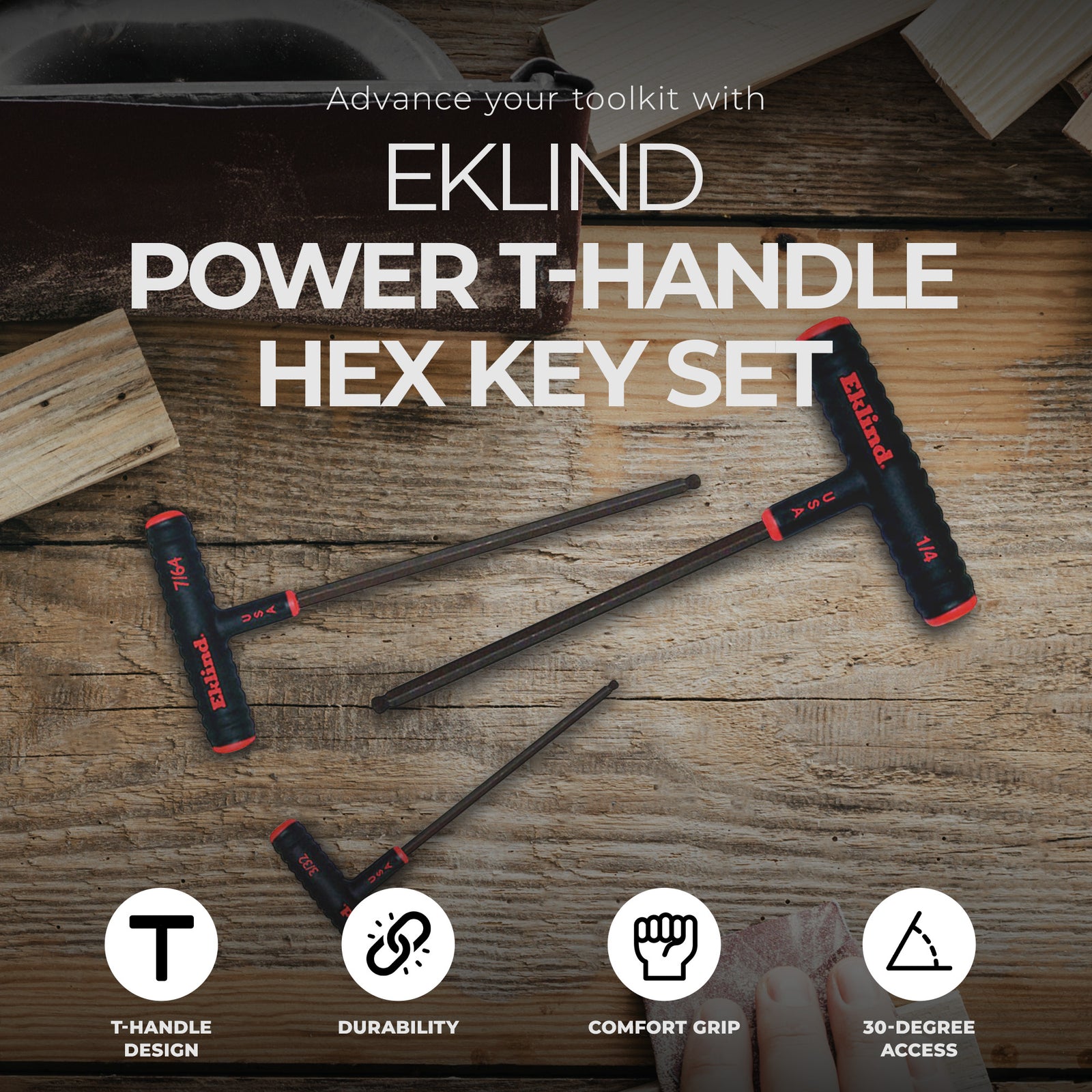 Eklind Tool 9pc Power T Handle Ball Hex Key Alloy Steel Allen Wrench (Open Box) - VMInnovations