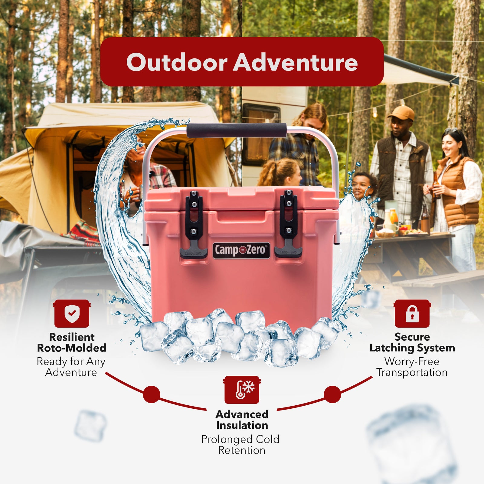 CAMP-ZERO 10 Liter 10.6 Quart Lidded Cooler with 2 Molded In Cup Holders, Coral - VMInnovations