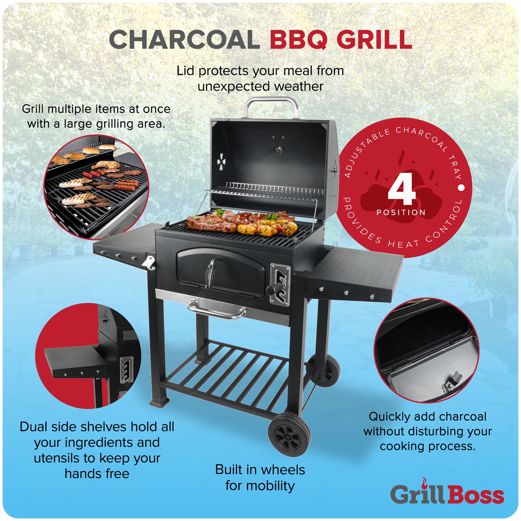 Grill Boss 24 Inch Charcoal BBQ Grill, Side Shelves, Built In Thermometer, Black - VMInnovations