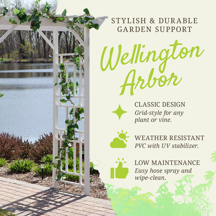 Dura-Trel Wellington Arbor 72" x 85" Outdoor Garden Arch Lattice Trellis, White - VMInnovations