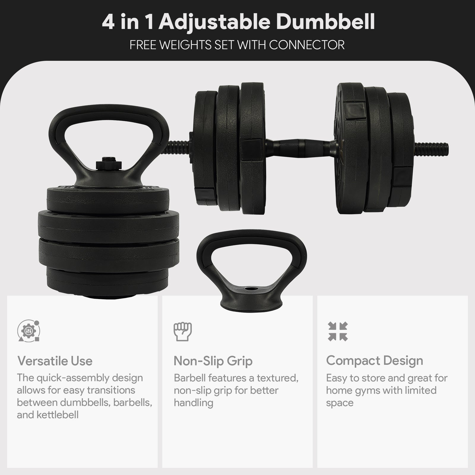 Fitvids 4 in 1 Adjustable Dumbbell Set, 60lbs Free Weights Set with Connector - VMInnovations