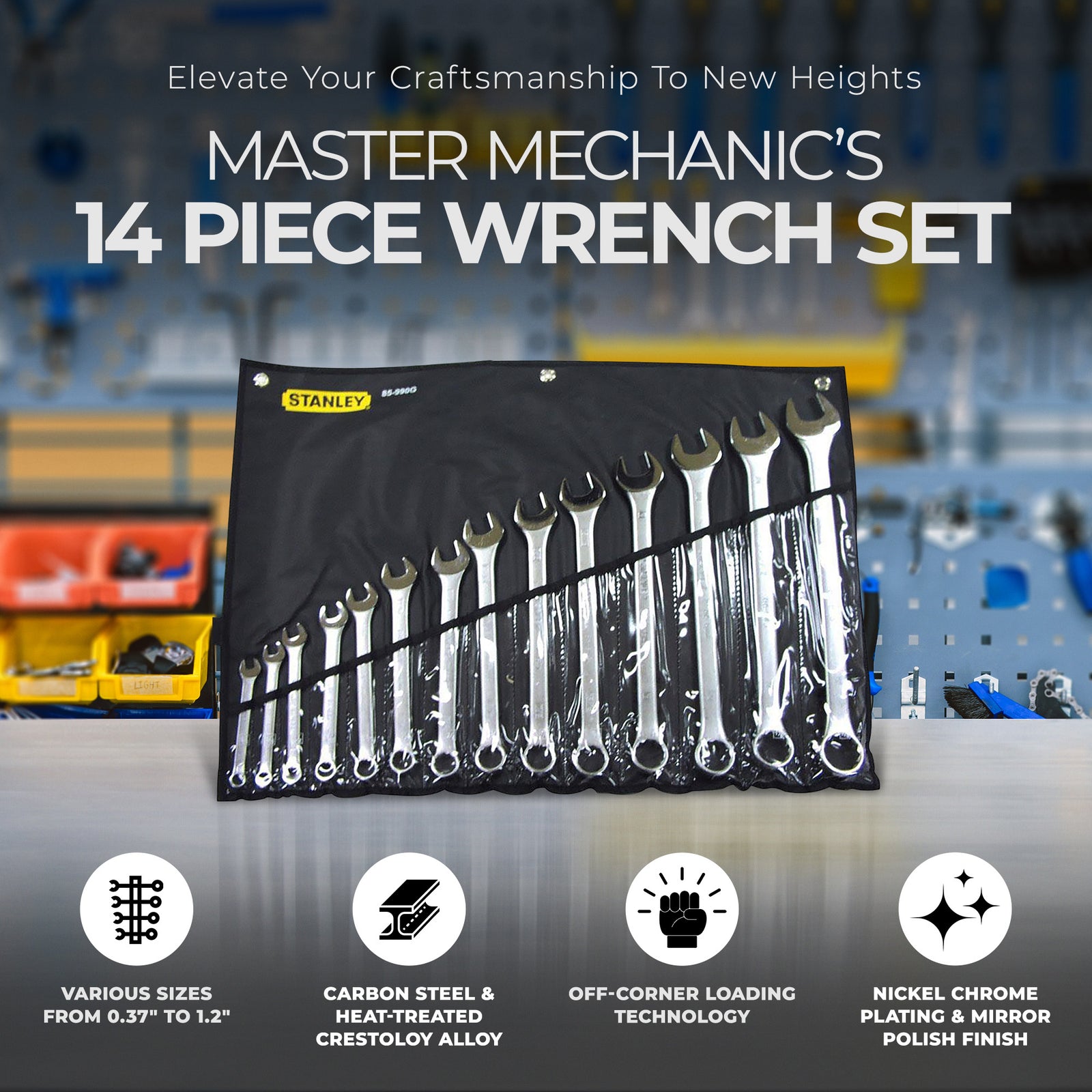 Master Mechanic 14 Piece Nickel Chrome Plated Finish SAE Combination Wrench Set - VMInnovations