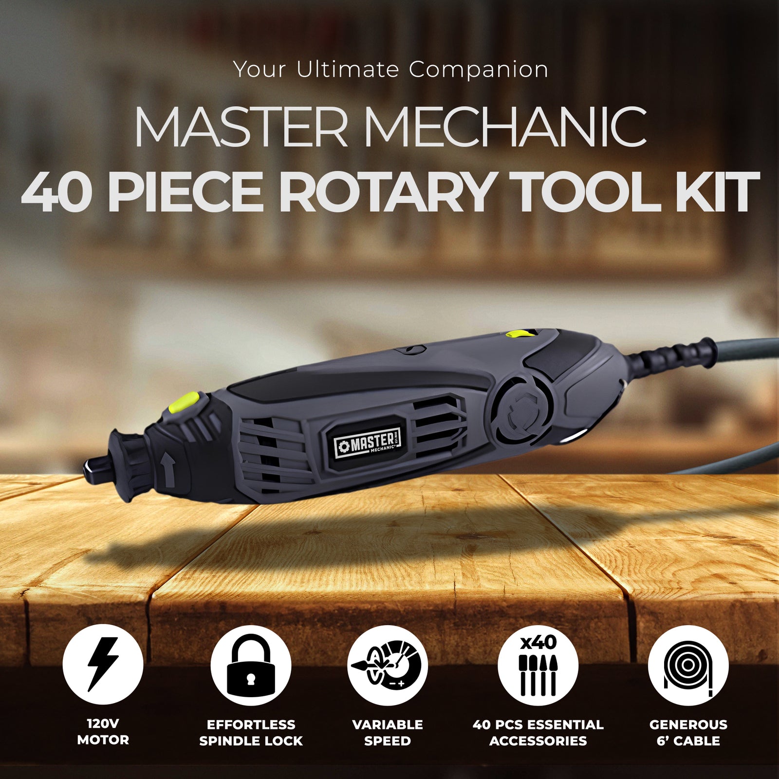 Master Mechanic 40 Piece Rotary Tool w/ Accessories Kit and Spindle Lock Design - VMInnovations