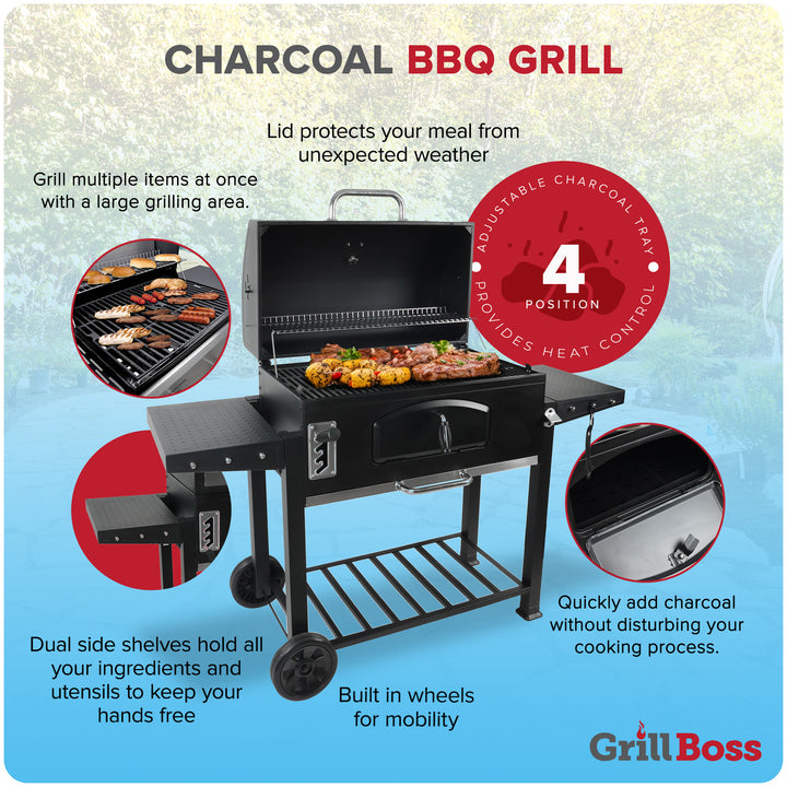 Grill Boss 32 Inch Charcoal BBQ Grill, Side Shelves, Built In Thermometer, Black