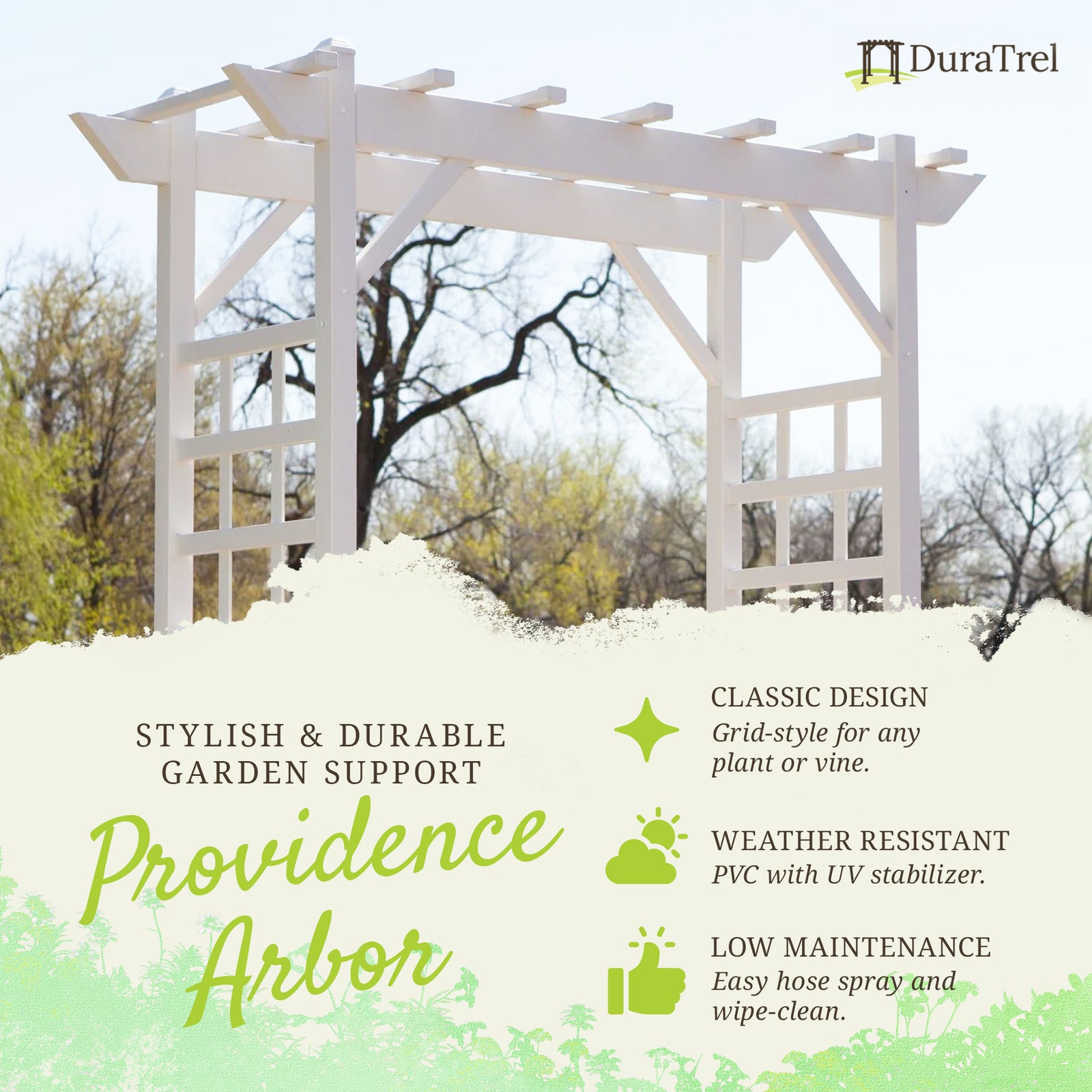 Dura-Trel Providence 64" x 85"  PVC Outdoor Garden Patio Arbor, White (Used) - VMInnovations