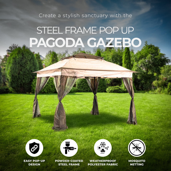 Four Seasons Courtyard 10 x 10’ Steel Frame Pop Up Gazebo, Brown/Black(Open Box)