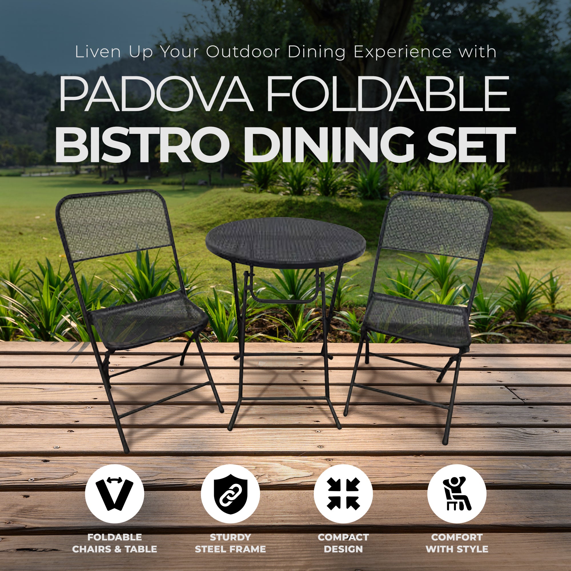 Four Seasons Courtyard Foldable 3 Piece Steel Bistro Dining Set, Black (Used) - VMInnovations
