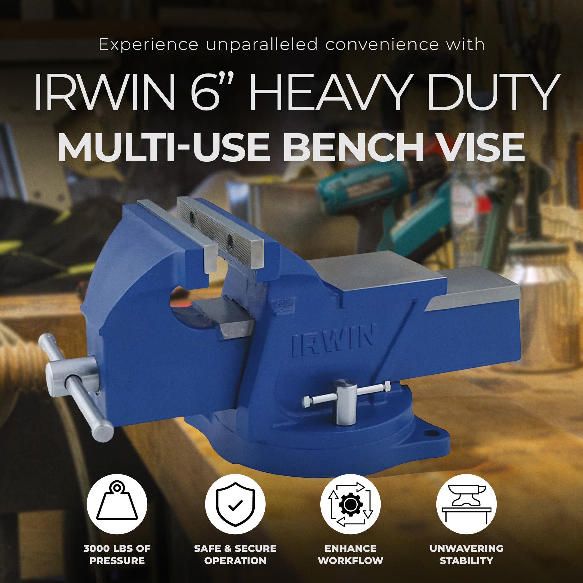 IRWIN 6 Inch Heavy Duty Multi Use Work Bench Vise with Swivel Base & Long Barrel - VMInnovations