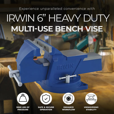 IRWIN 6 Inch Heavy Duty Multi Use Work Bench Vise with Swivel Base & Long Barrel - VMInnovations