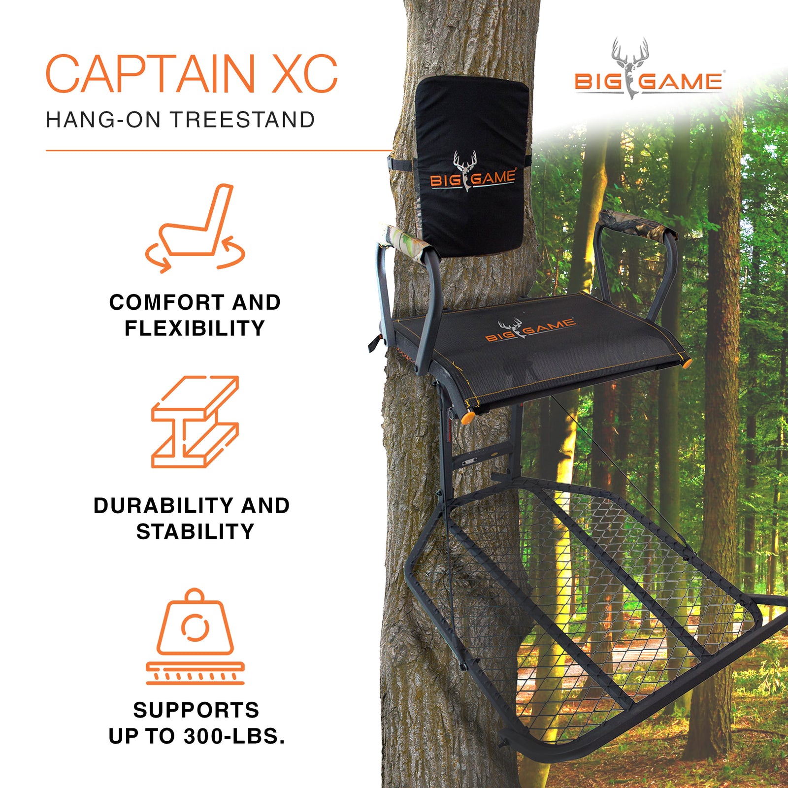 Big Game Captain XC Steel Hang-On Treestand with 20 x 30 Flip-Back Seat, Black - VMInnovations