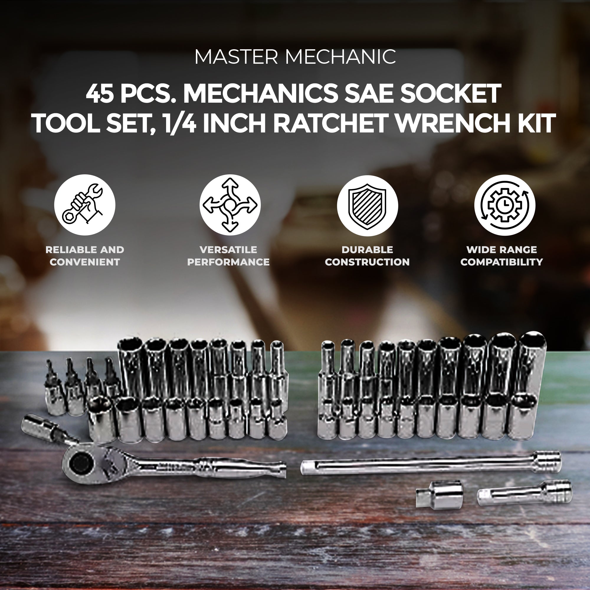 Master Mechanic 45-Piece SAE Socket Tool Set, 1/4 Inch Drive, Ratchet Wrench Kit - VMInnovations