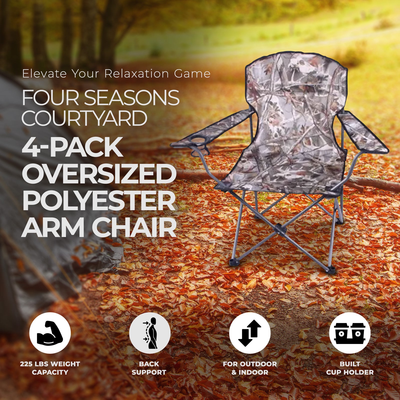 Four Seasons Courtyard Polyester Arm Chair w/Durable Steel Frame, Camo(Open Box) - VMInnovations
