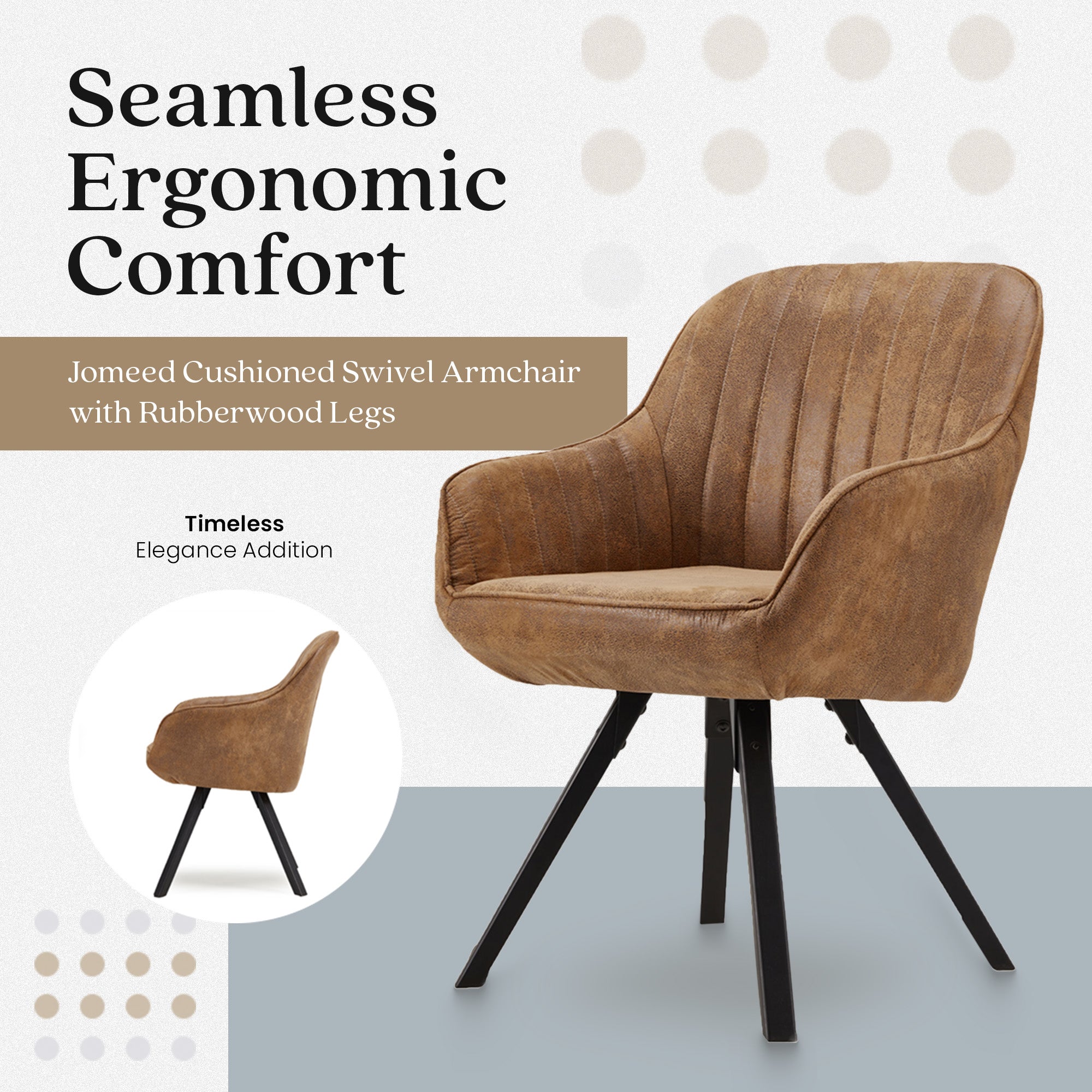 JOMEED Cushioned Swivel Armchair with Rubberwood Legs for Home and Office, Brown - VMInnovations