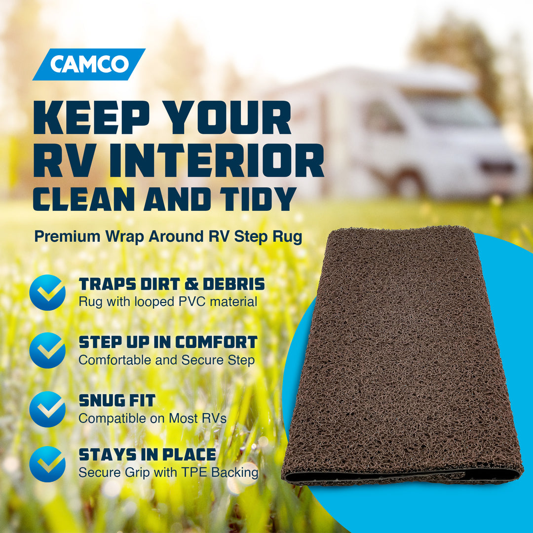 Camco Premium Wrap Around RV Step Rug with Looped PVC Material and Spring, Brown - VMInnovations