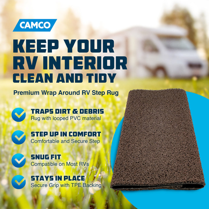 Camco Premium Wrap Around RV Step Rug with Looped PVC Material and Spring, Brown - VMInnovations