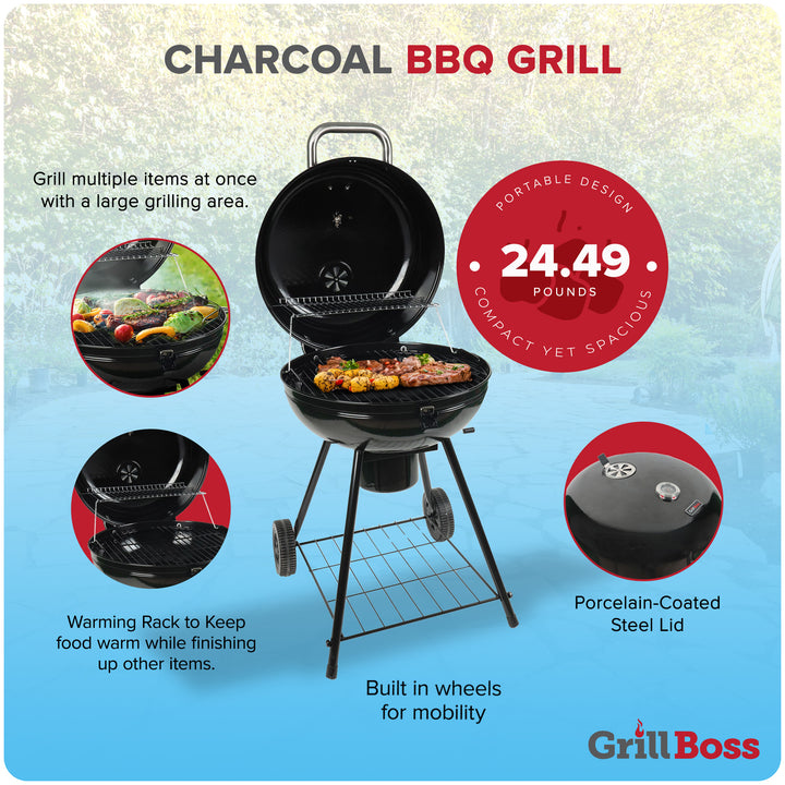 Grill Boss 22" Kettle Charcoal Grill, Porcelain Lid, Large Cooking Area, Black