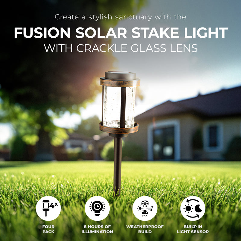 Fusion Solar Stake Light w/Crackle Glass Lens, Bronze/Woodgrain (4pk) (Open Box)