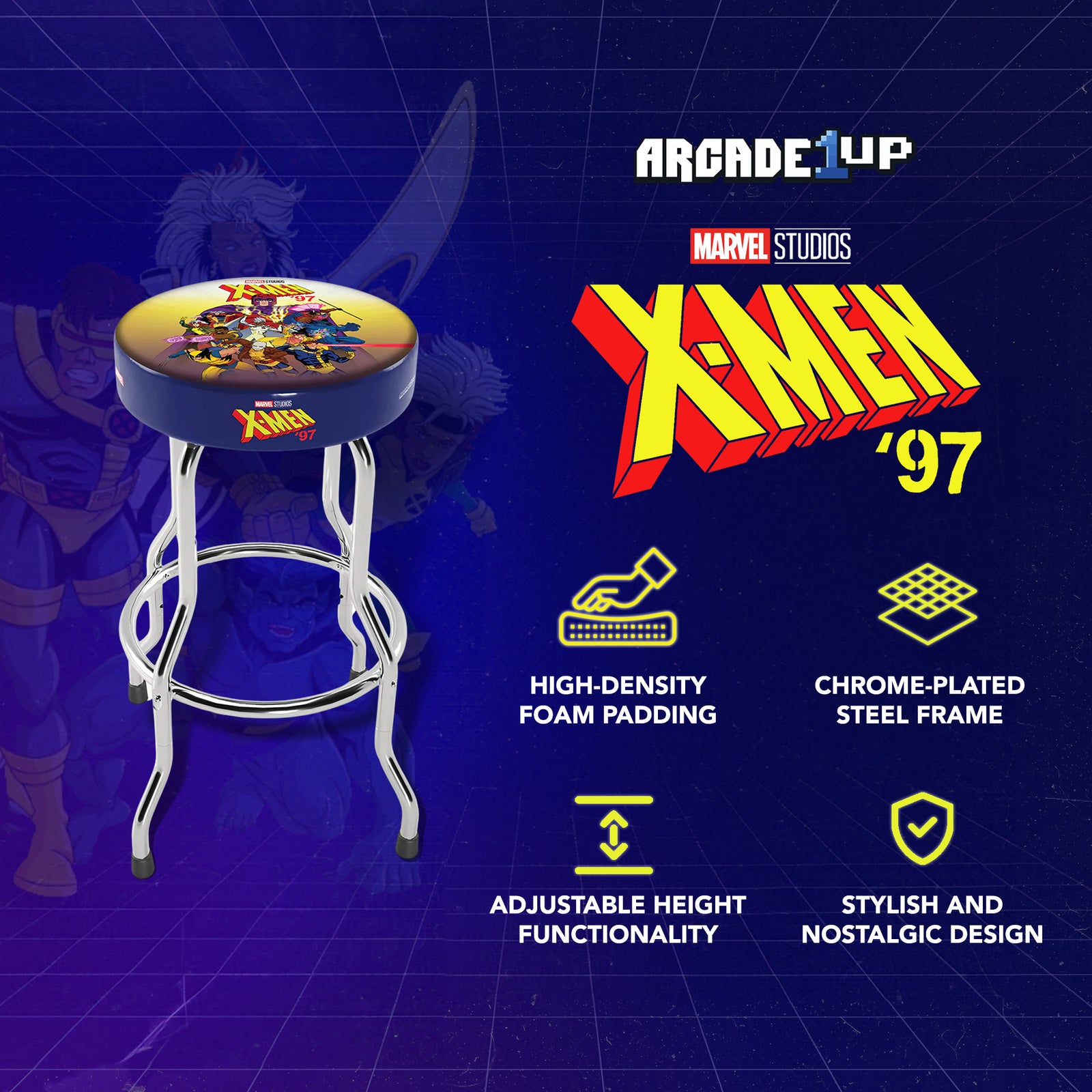 Arcade1Up Marvel X-Men Adjustable Arcade Stool with Chrome Plated Steel Frame - VMInnovations