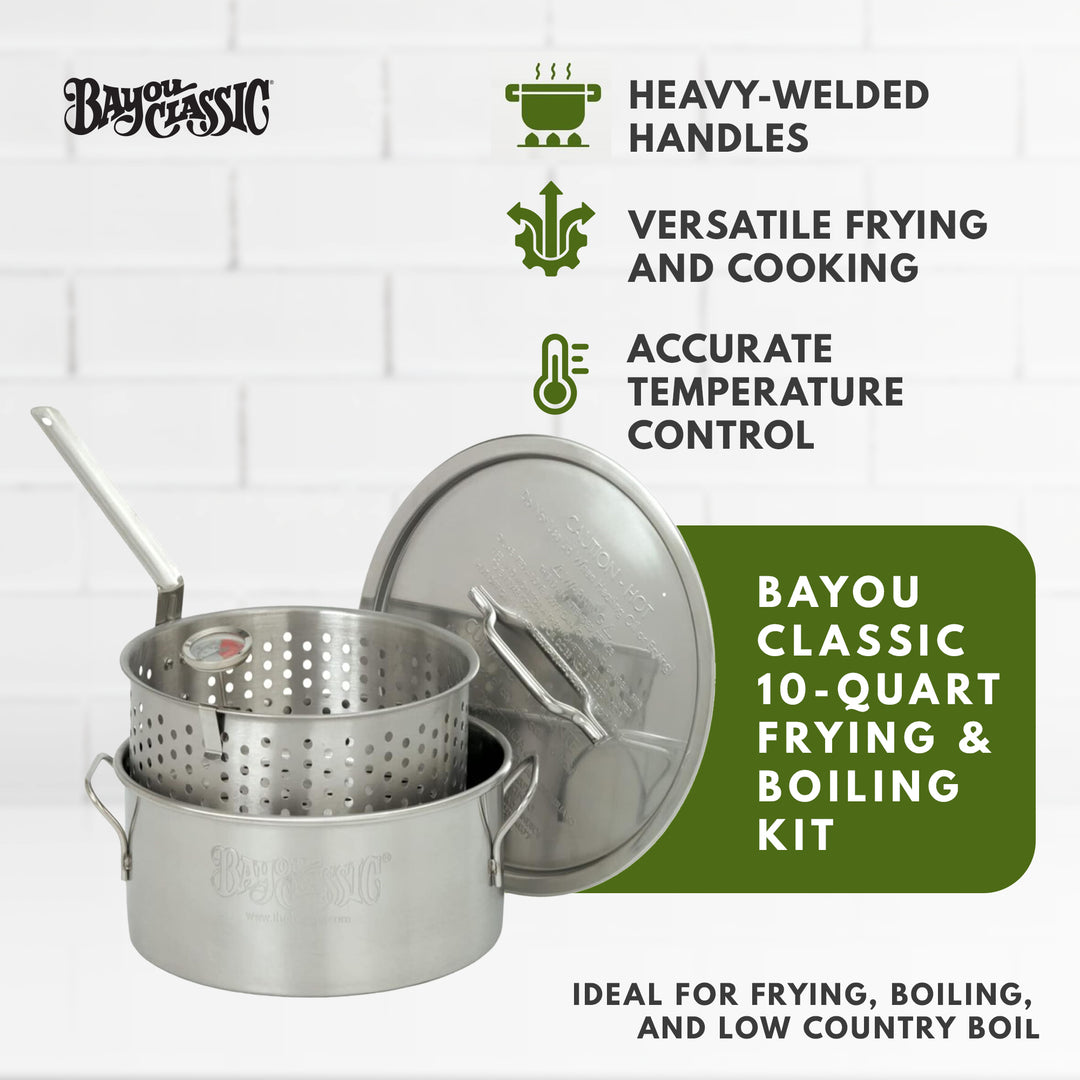 Bayou Classic 10 Quart Stainless Steel Fry Pot w/Perforated Basket & Thermometer