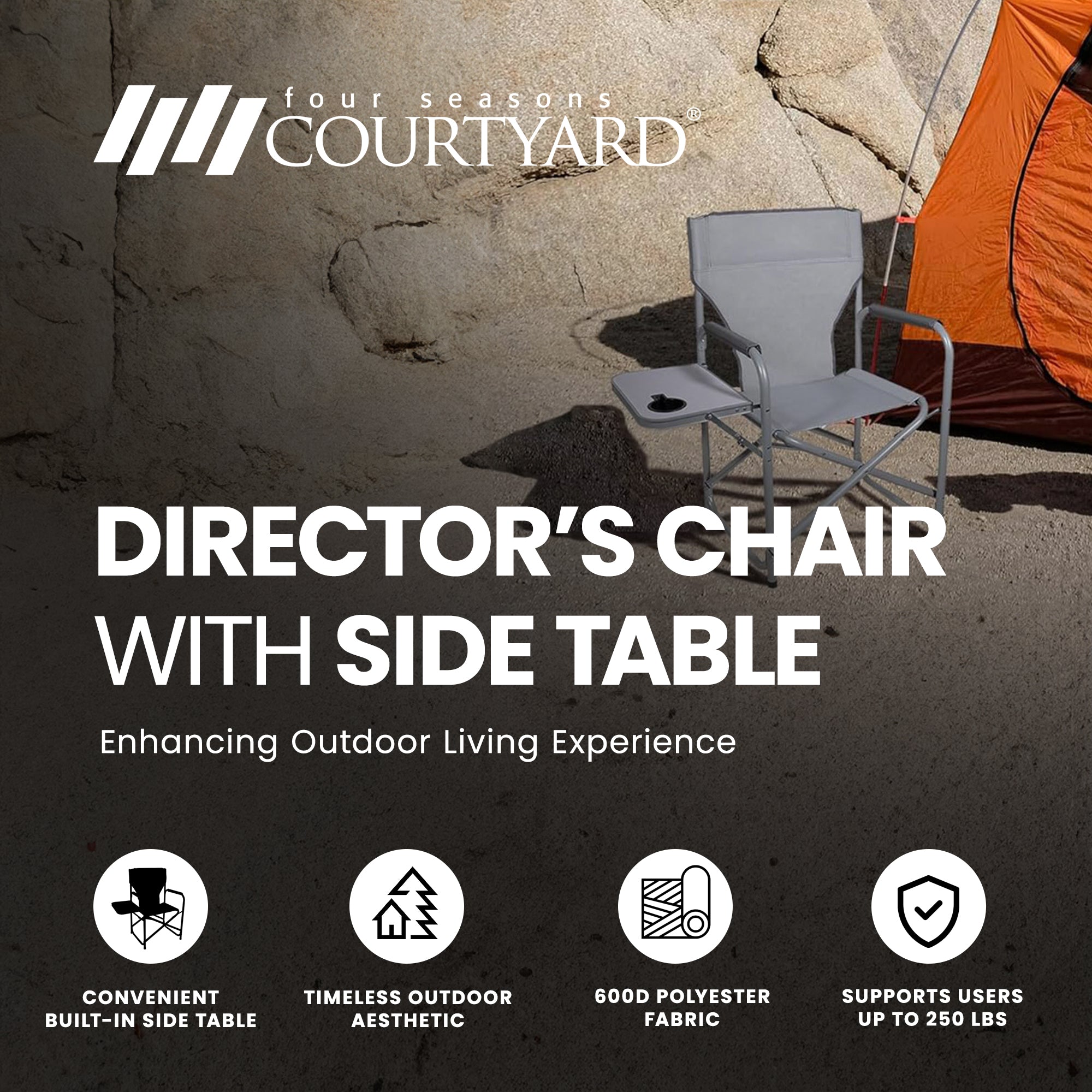 Four Seasons Courtyard Polyester Director's Chair with Side Table, Gray (6 Pack) - VMInnovations