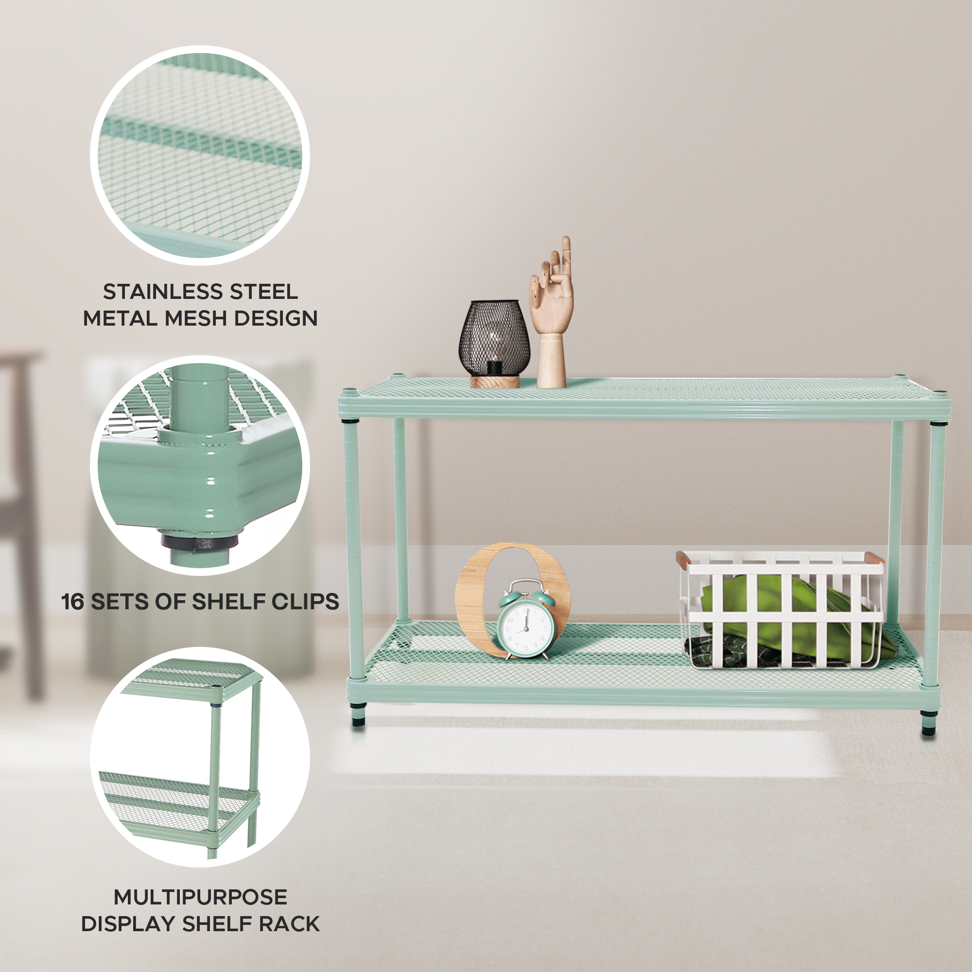 Design Ideas MeshWorks 2 Tier Full Size Metal Storage Shelving Unit, Sage Green - VMInnovations