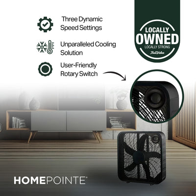 HomePointe 20" Indoor Sleek Plastic Box Fan with 3 Speed Settings, Black (Used) - VMInnovations