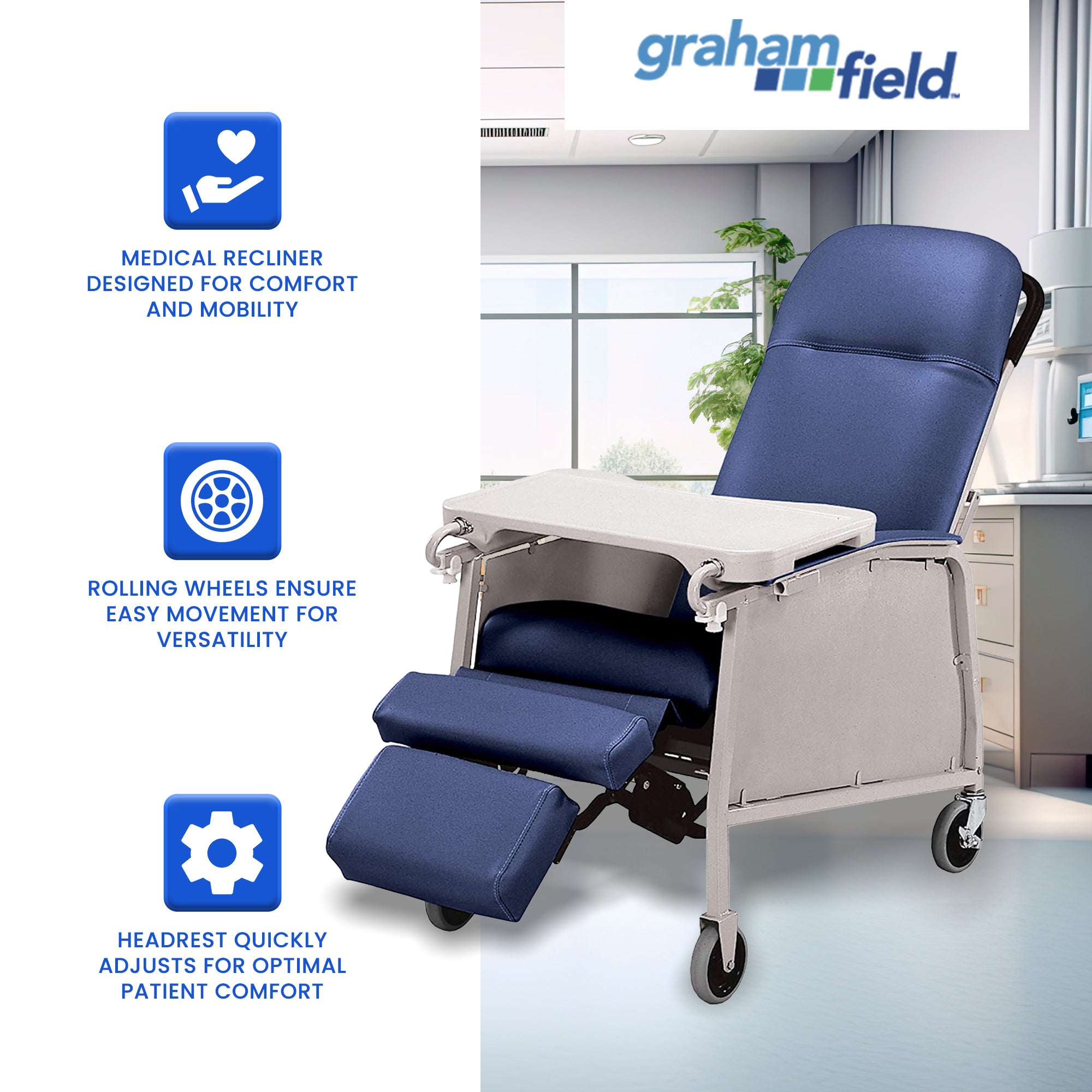 Graham 3 Position Medical Recliner Geri Chair w/ Wheels, Royal Blue (Open Box) - VMInnovations