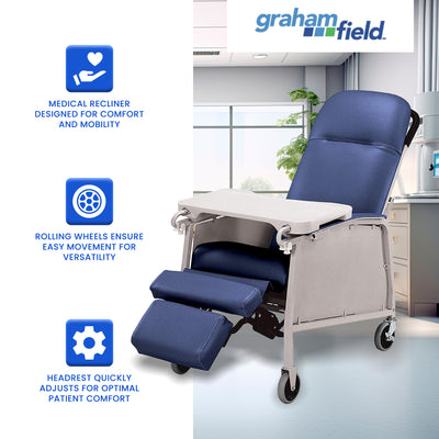 Graham 3 Position Medical Recliner Geri Chair w/ Wheels, Royal Blue (Open Box) - VMInnovations