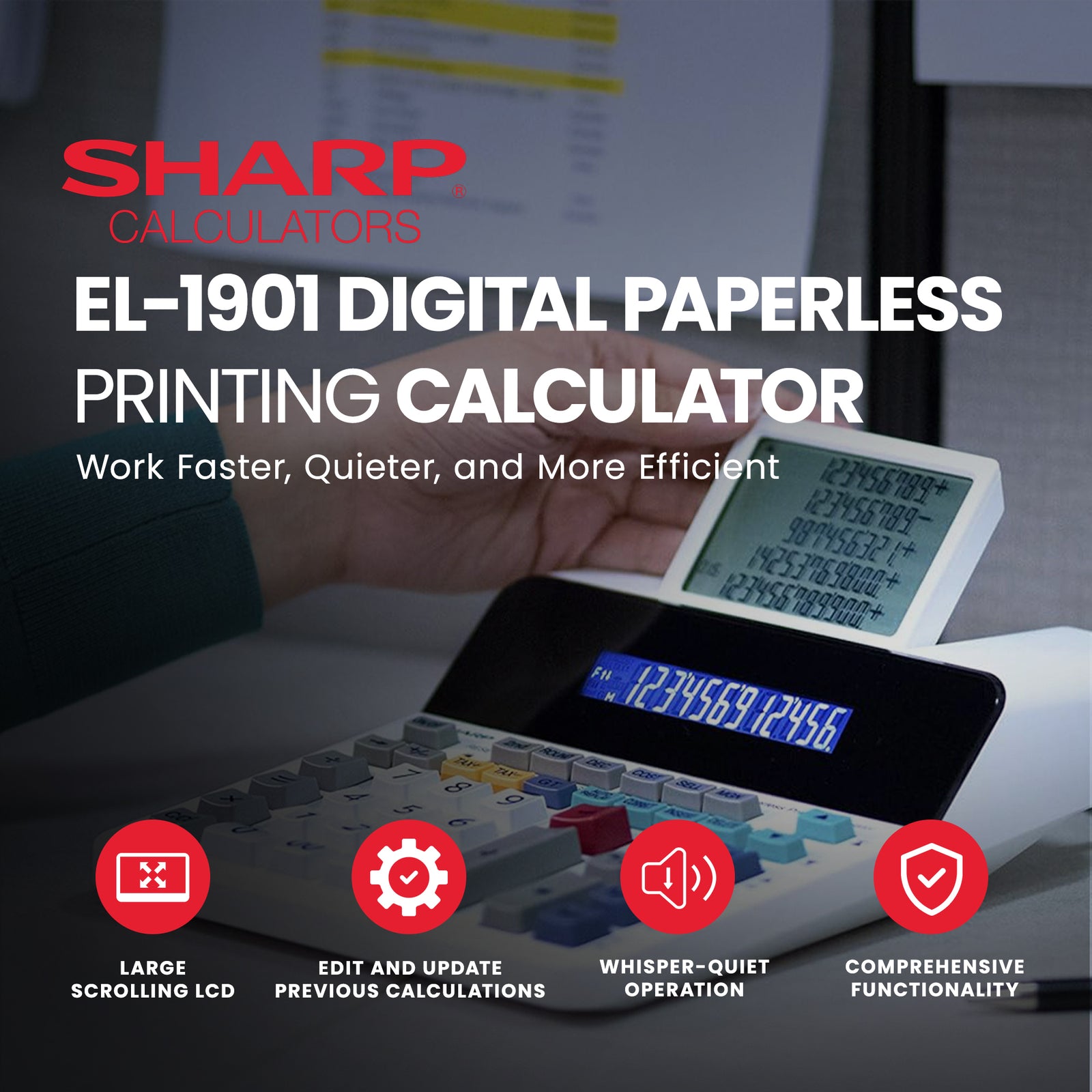 Sharp EL-1901 Digital Paperless Printing Calculator with 12 Digit Display, White - VMInnovations
