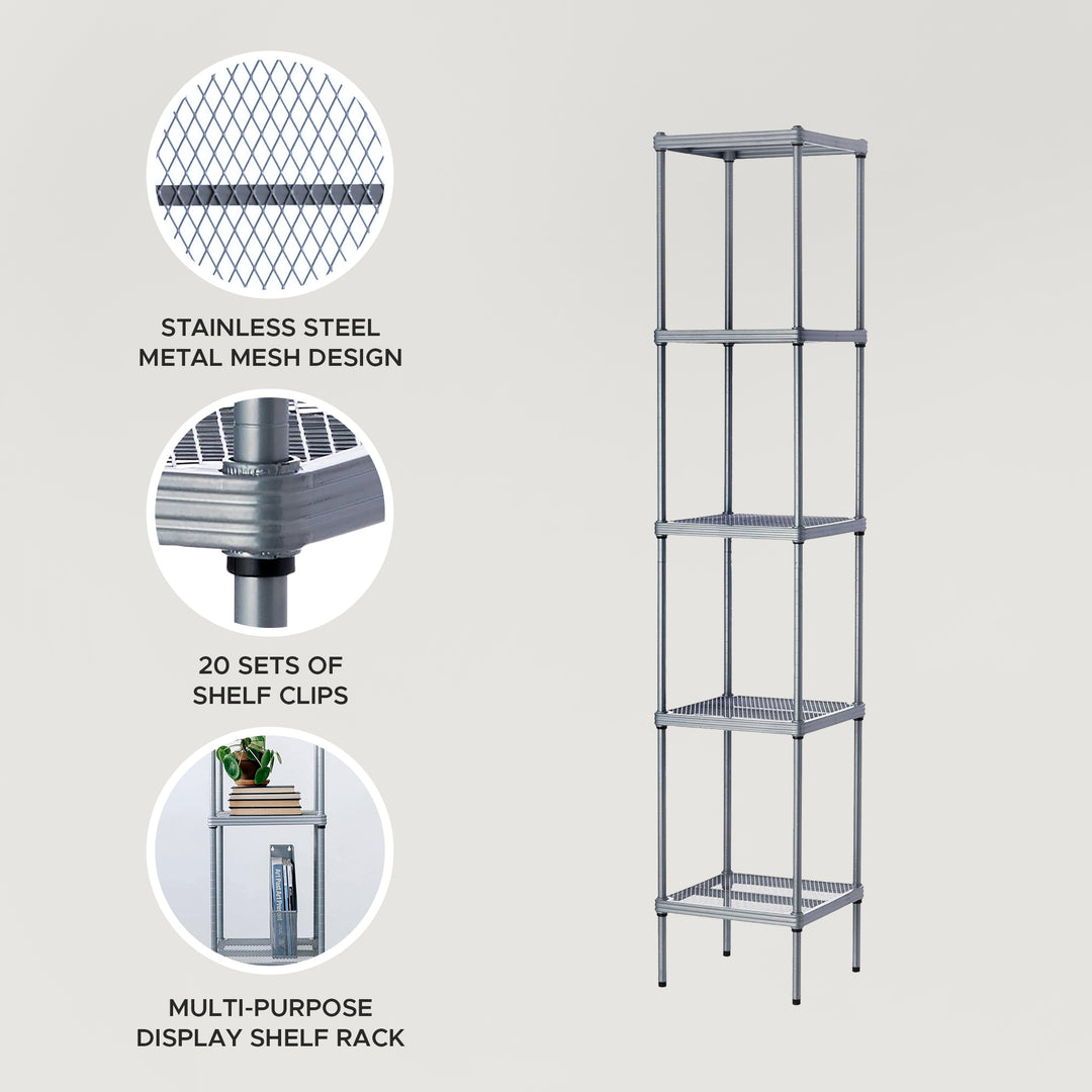 Design Ideas MeshWorks 5 Tier Tower Metal Storage Shelving Unit Rack, Silver - VMInnovations