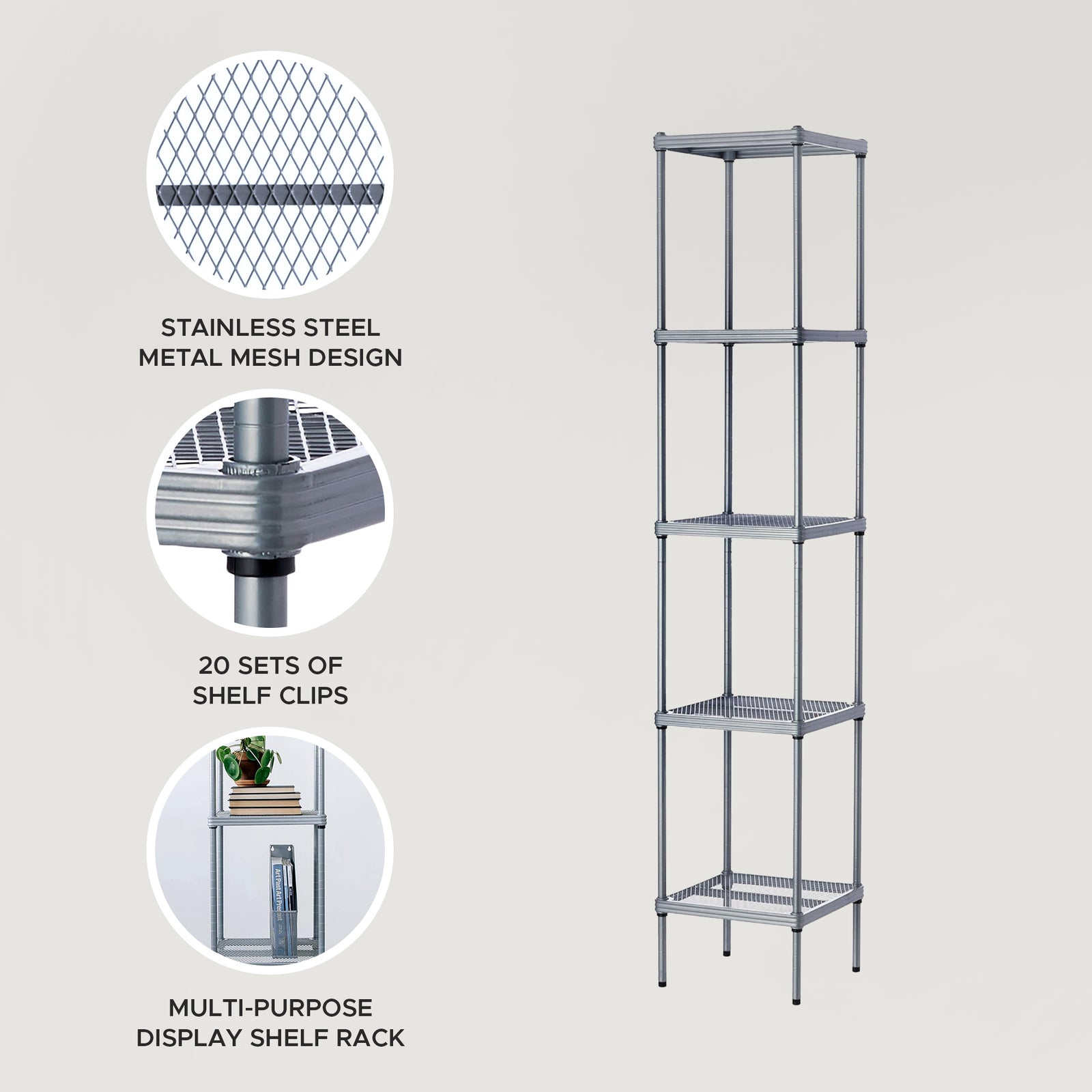 Design Ideas MeshWorks 5 Tier Tower Metal Storage Shelving Unit Rack, Silver - VMInnovations
