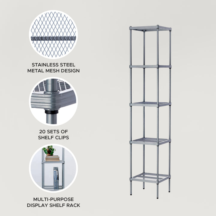Design Ideas MeshWorks 5 Tier Tower Metal Storage Shelving Unit Rack, Silver - VMInnovations