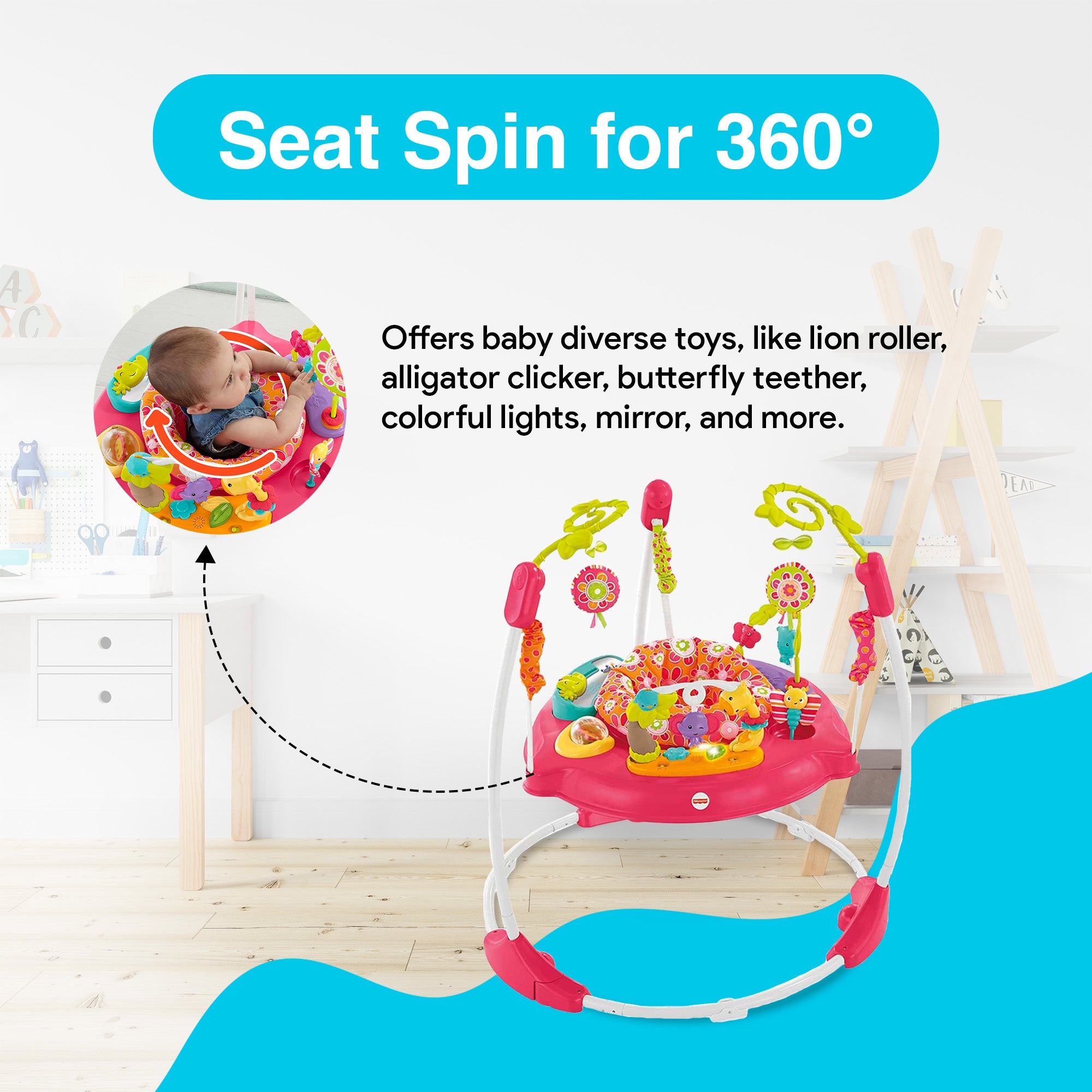 Fisher-Price Pink Jumperoo w/360 Spinning Seat, Lights, & Sounds (Open Box) - VMInnovations