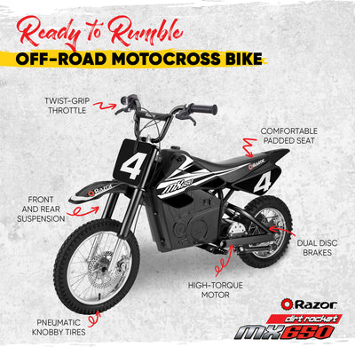 Razor MX650 Dirt Rocket High-Torque Electric Motocross Dirt Bike, 17 MPH, Black