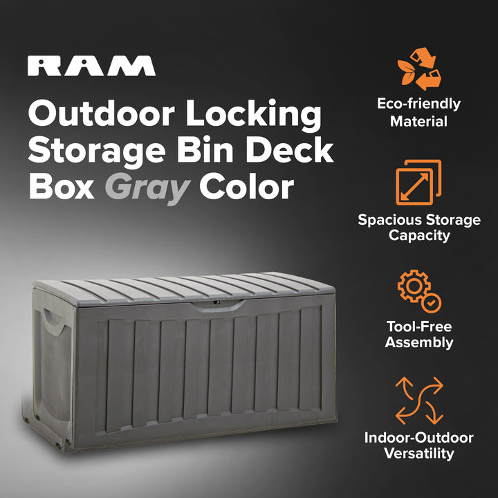 Ram Quality Products Plastic 90 Gal Outdoor Locking Storage Bin Deck Box, Gray