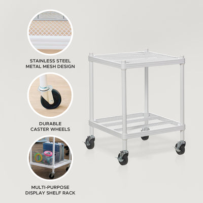 Design Ideas MeshWorks 2 Tier Wheeled Metal Storage Shelving Unit Cart, White