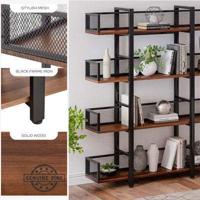 Sturdis 4 Tier Solid Wood Metal Bookshelf with Mesh Barriers, Black (Used)