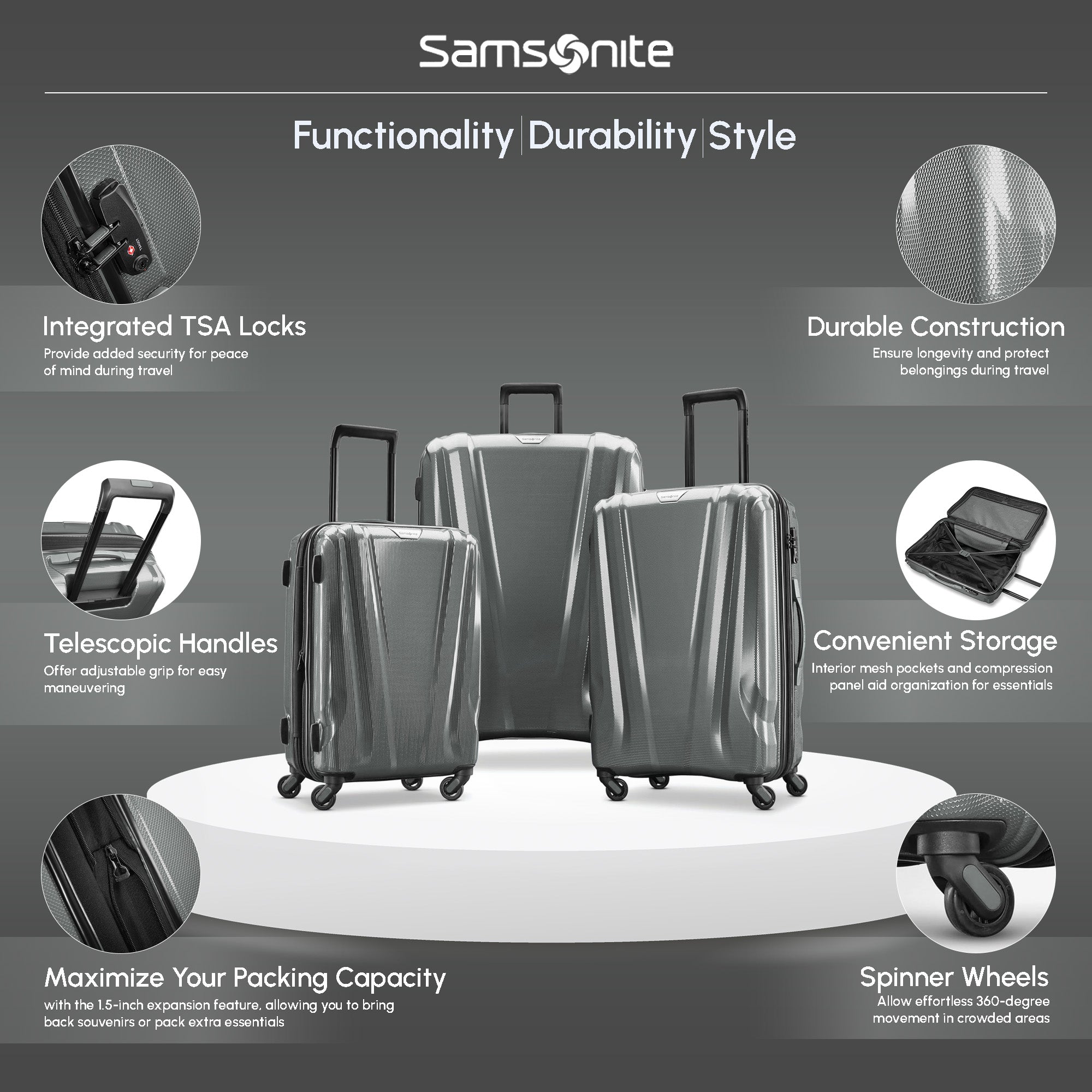 Samsonite SWERV DLX Spinner 3 Piece Carry-On, Medium & Large Luggage Set, Silver