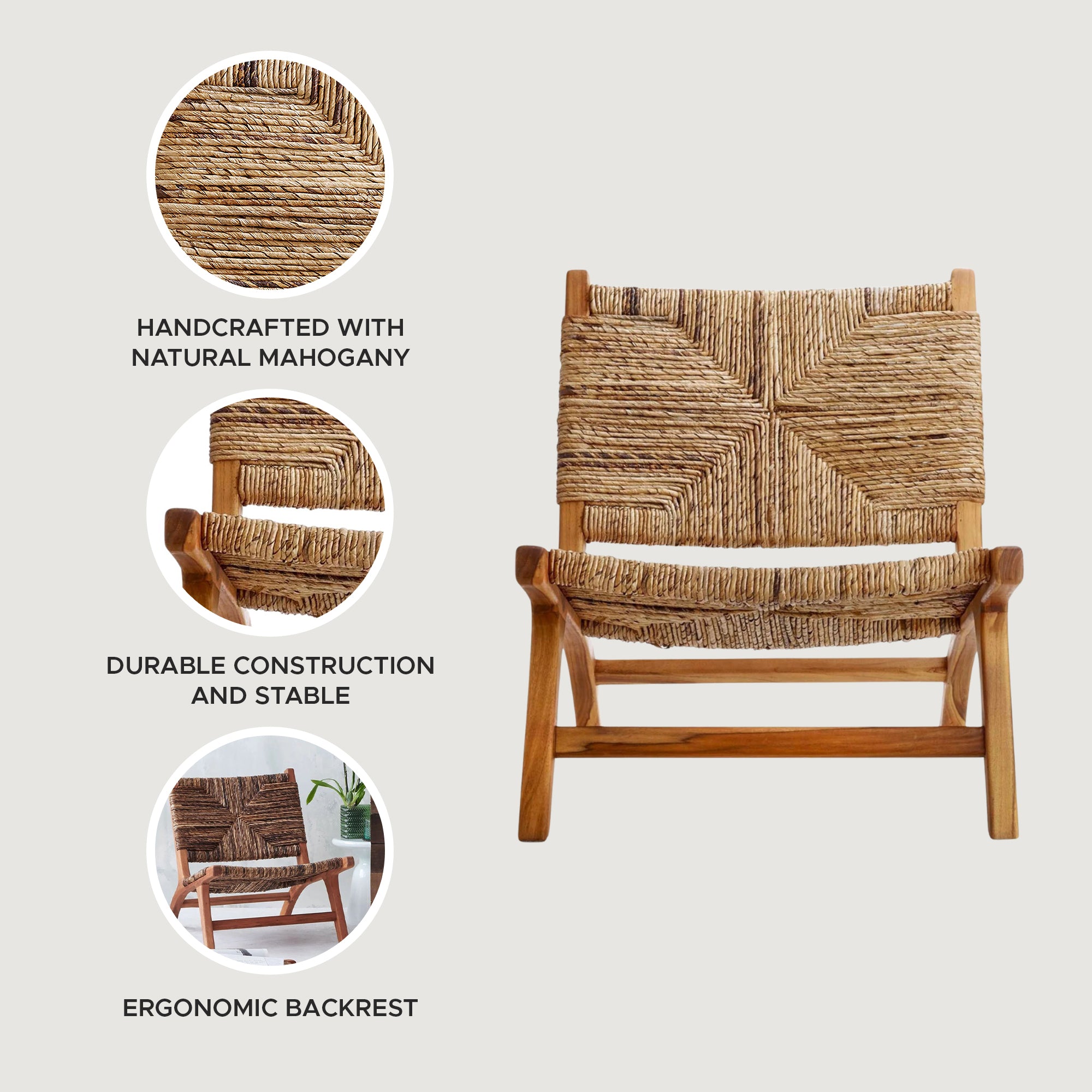 texxture Copenhagen Banana Tree Bark Chair, Wood Legs, Home Furniture, Natural - VMInnovations