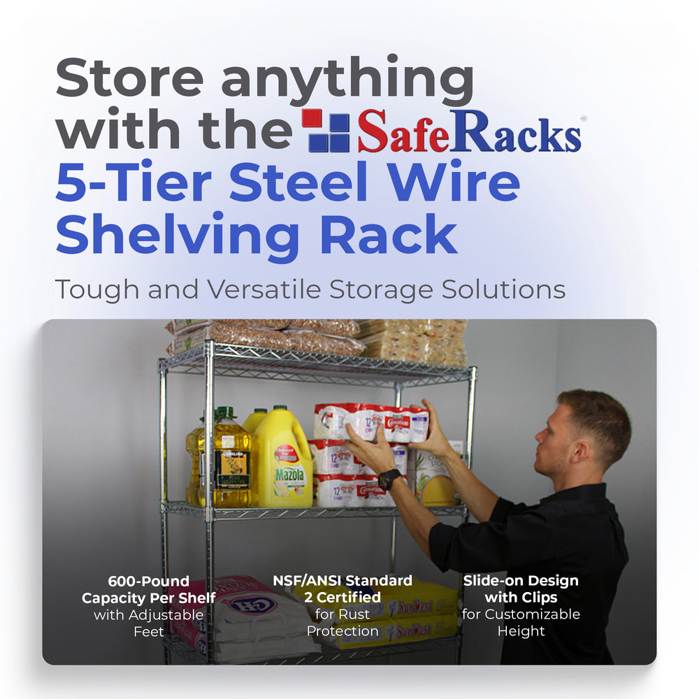 SafeRacks 18 x 36 x 72" 5 Tier Steel Wire Storage Shelving Rack w/Wheels, Silver - VMInnovations