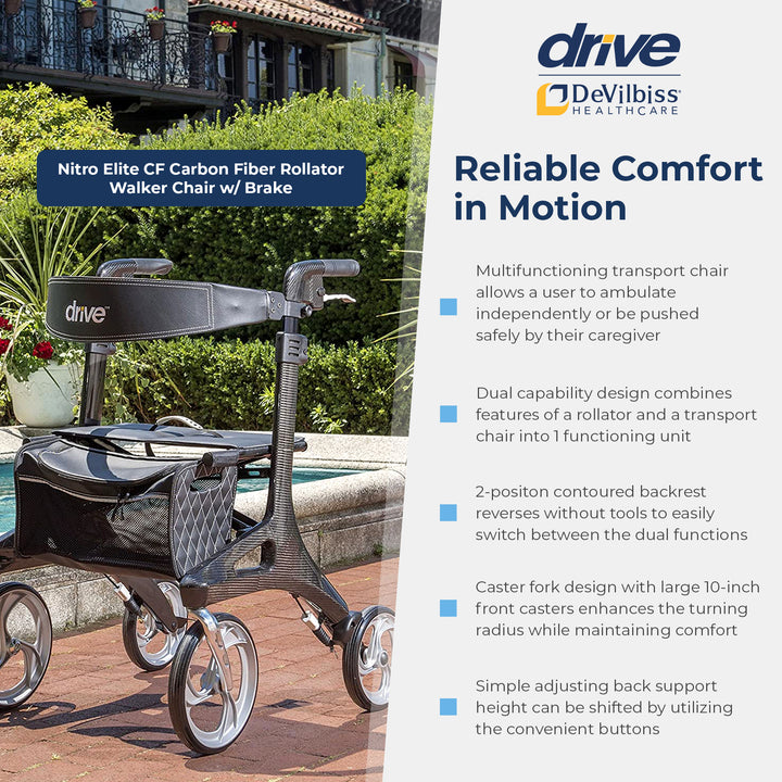 Drive Medical Nitro Elite CF Carbon Fiber Rollator Walker Chair w/ Brake, Black - VMInnovations